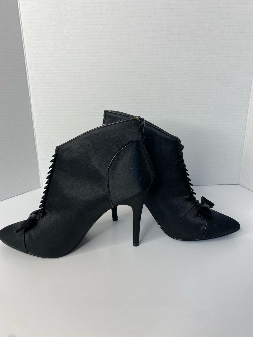 Hale Bob Classic Black satin Ankle Booties with velvet Bow - Picture 3 of 8
